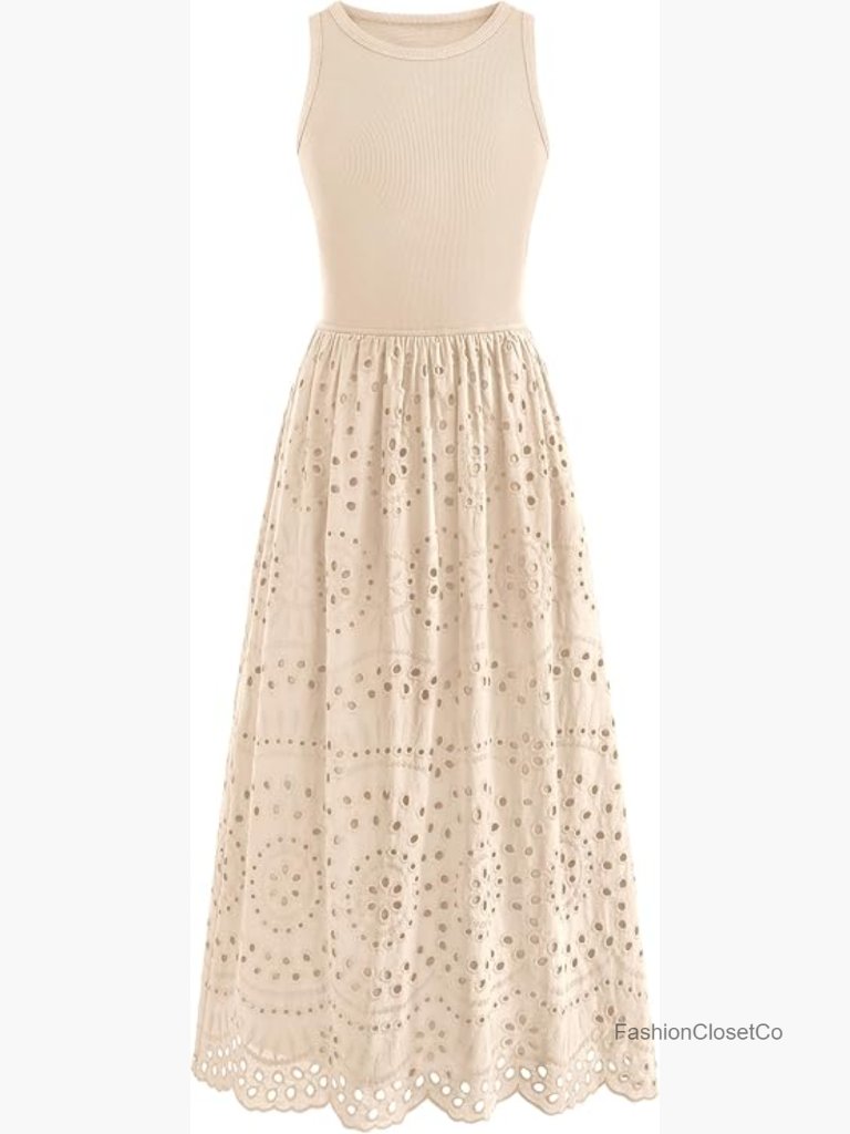 Women Sleeveless Crewneck A-Line Boho Eyelet Lace Tank Maxi Dress With Pockets